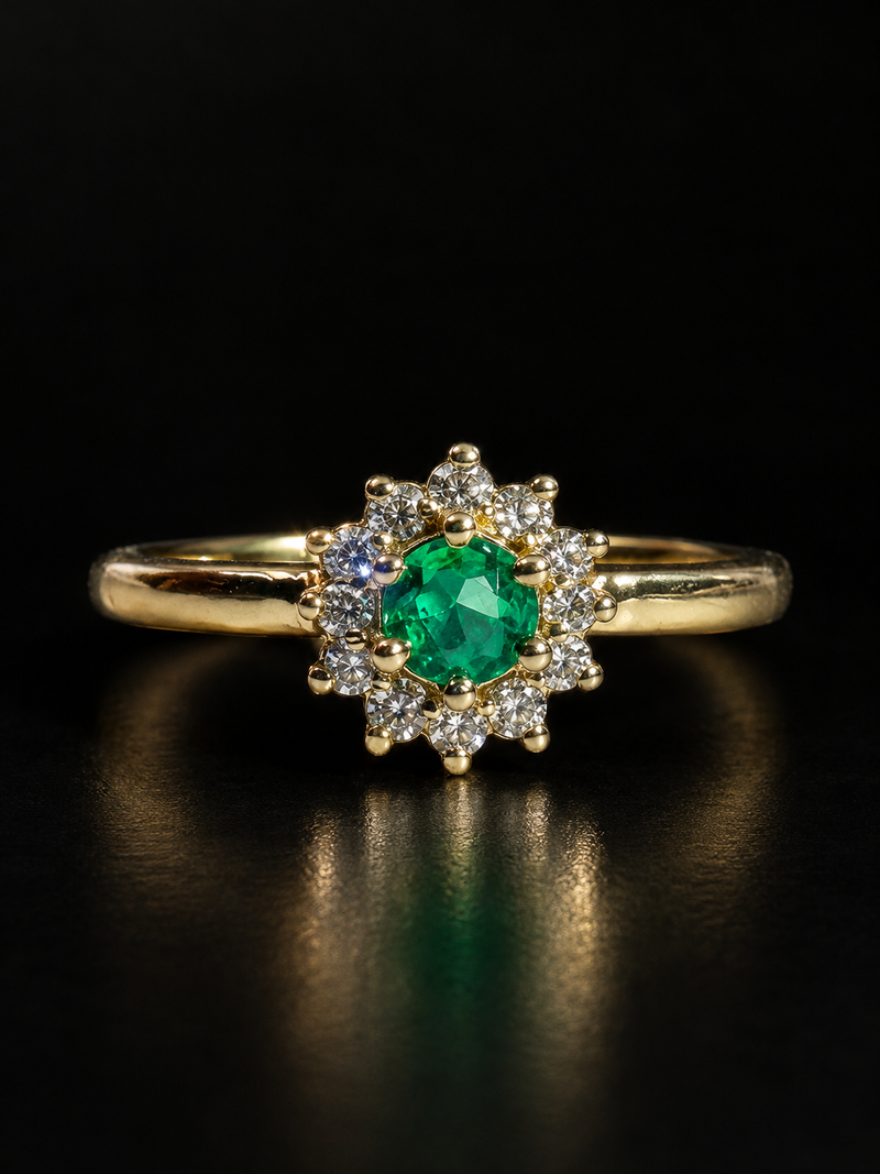 Anillo con esmeralda en halo de diamantes