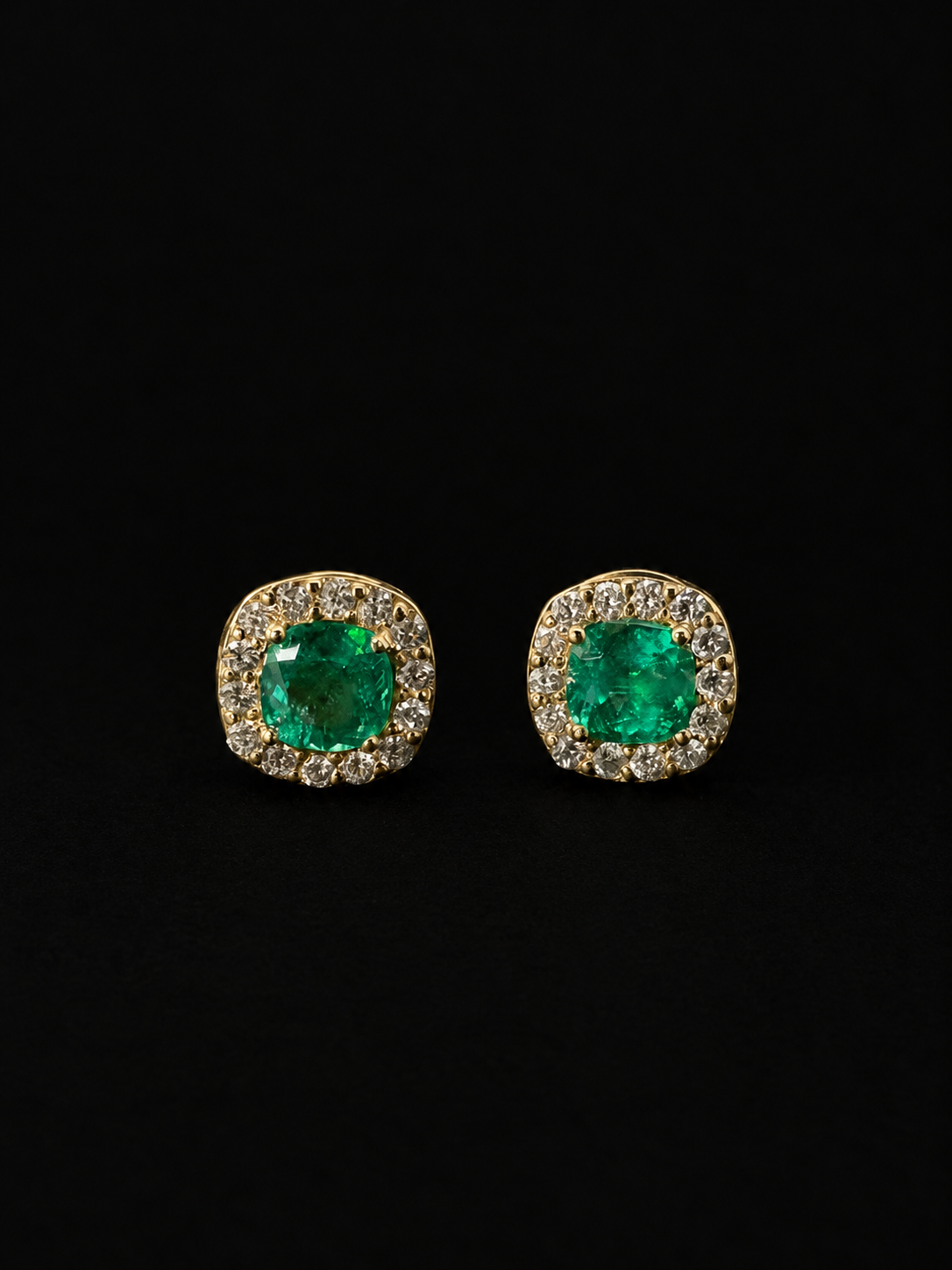 Cushion-cut emerald stud earrings in a diamond halo (Ref. 269)