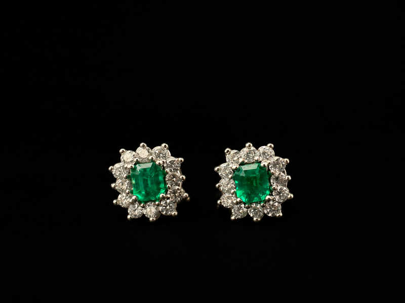 Topos con esmeralda rectangular en halo de diamantes