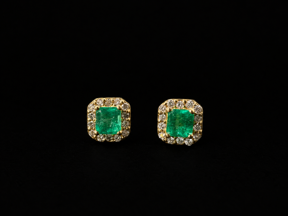 Square emerald stud earrings with a diamond halo (Ref. 222)
