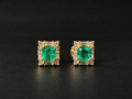 Square emerald stud earrings with a baguette diamond halo (Ref. 312)
